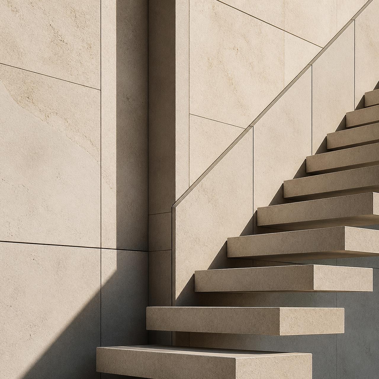 Limestone facade with a floating stone stair