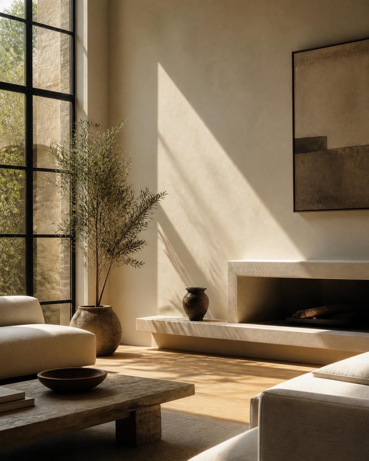 Sunlit modern interior with warm plaster walls